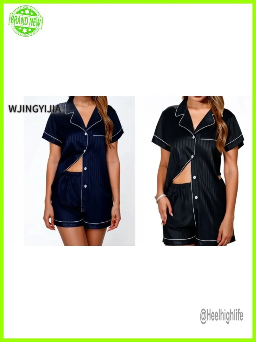 Satin Pajama Set Two-Piece Silk Pajamas Button-Down Sleepwear Pjs Set